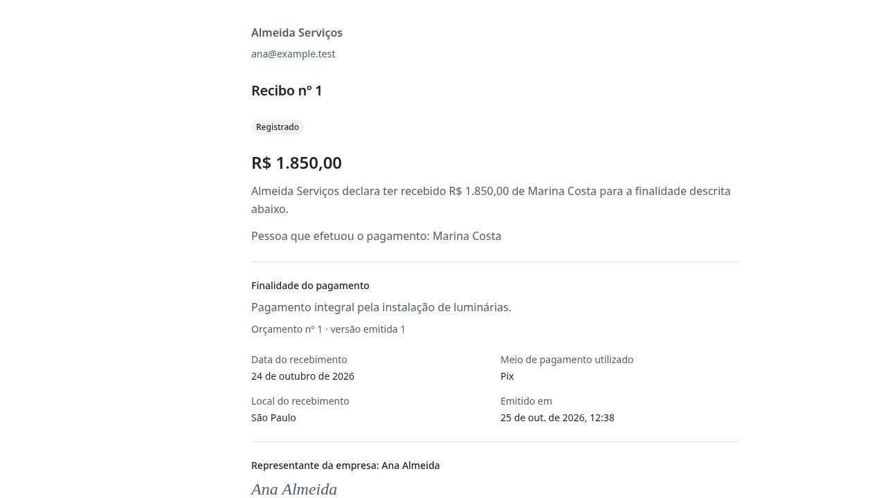 Recibo emitido pelo Tratu para Marina Costa, com valor, finalidade, data, forma de pagamento e assinatura da empresa.